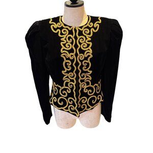 Farinae Collections Womens Size 8 Black Velvet Cropped Gold Soutache Jacket